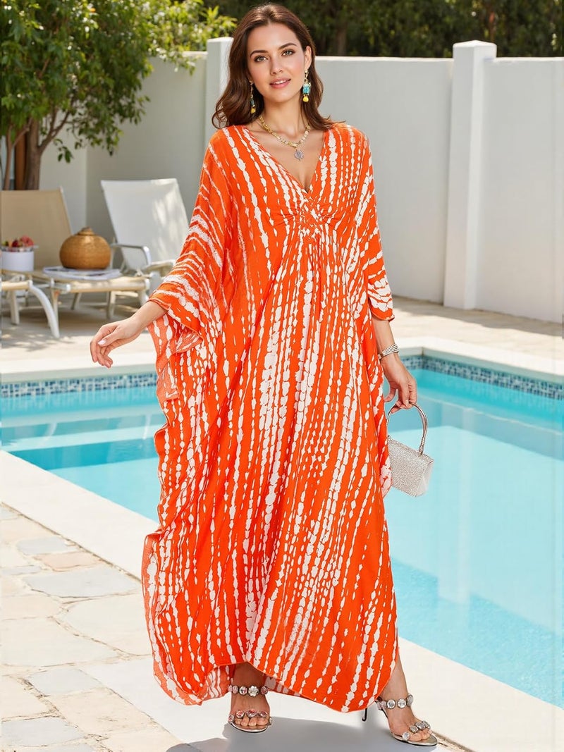 IMAGEKOPE Women's Plus Size Animal Print V-Neck Batwing Kaftan Beach Dress Bathing Suit Cover-Up Loungewear - Image 3